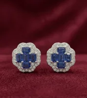 Royal Blue Sapphire & Diamond Cluster Stud Earrings