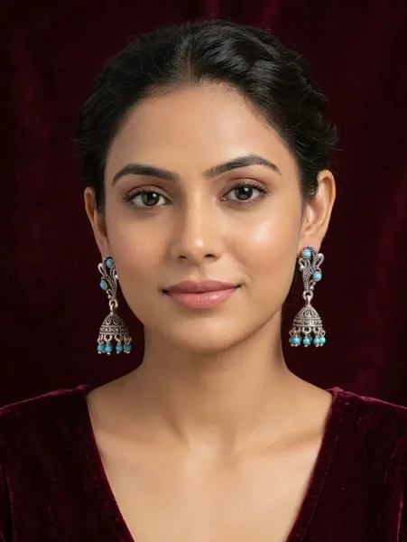 Antique-Finish Oxidized Silver Turquoise Jhumka Earrings