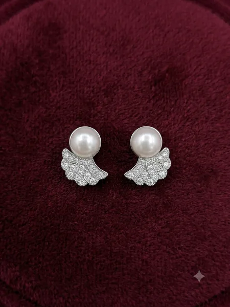 : Pearl & Diamond Fan Stud Earrings