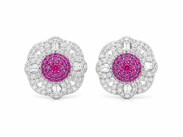 Pink Ruby Floral 925 Sterling Silver Stud Earrings
