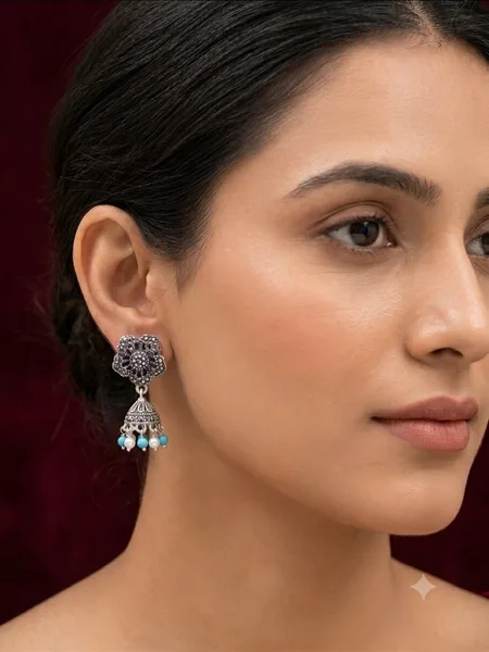 Oxidized Silver Marcasite Floral Jhumka Earrings with Turquoise & Pearl Drops