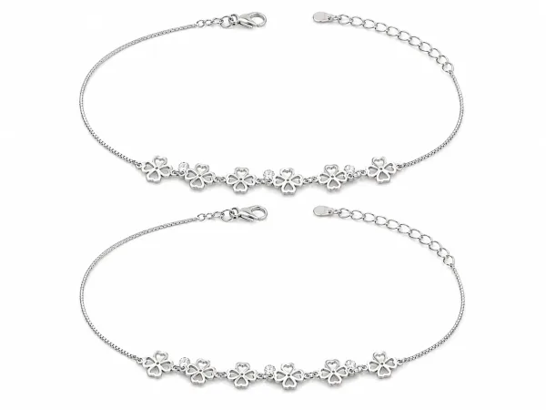 Silver Floral Clover Charm Anklet