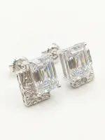 Emerald-Cut Solitaire Textured Silver Stud Earrings